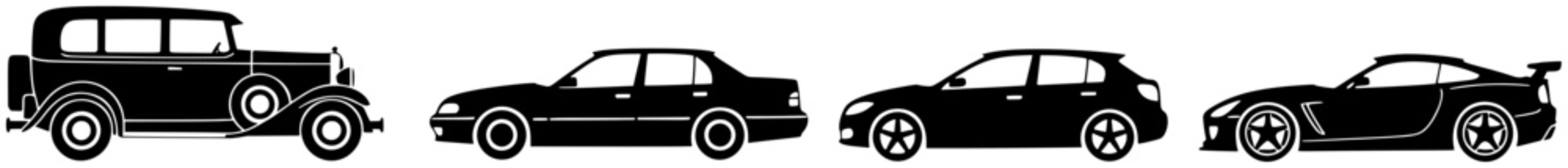 Sedan car evolution silhouettes from vintage to modern luxury sedan