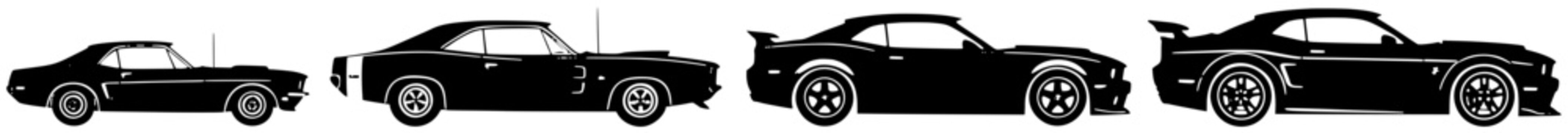 Muscle car evolution silhouette sequence isolated on white background