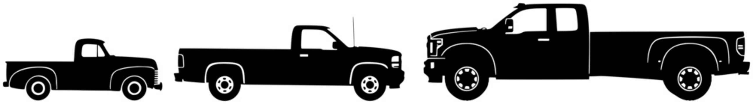 Pickup truck evolution silhouette lineup isolated on white