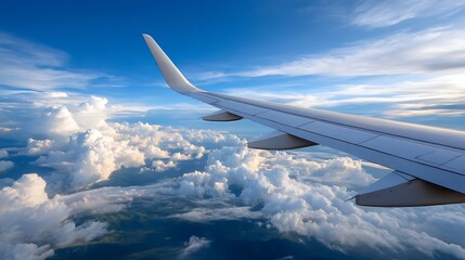 Obraz premium Aerial View of Airplane Wing Above Beautiful White Clouds and Sky