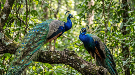 Obraz premium Two peacocks perched on a tree branch in a lush forest with forest floor