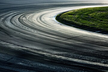 Fototapeta premium Dark asphalt of a racing track curve showing tire marks and green grass in the background