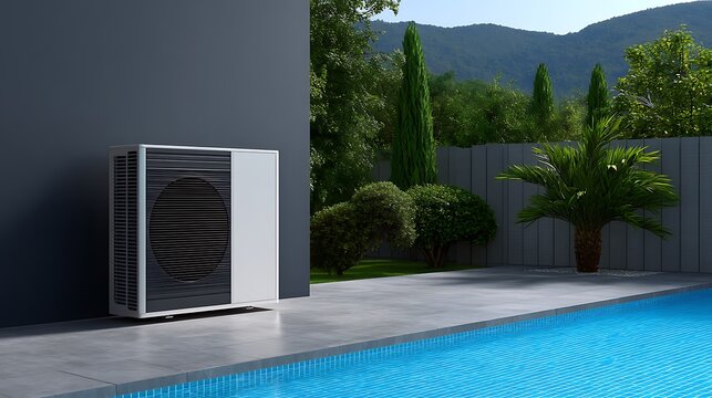 Modern Air Conditioning Unit by Swimming Pool in Sunny Landscape
