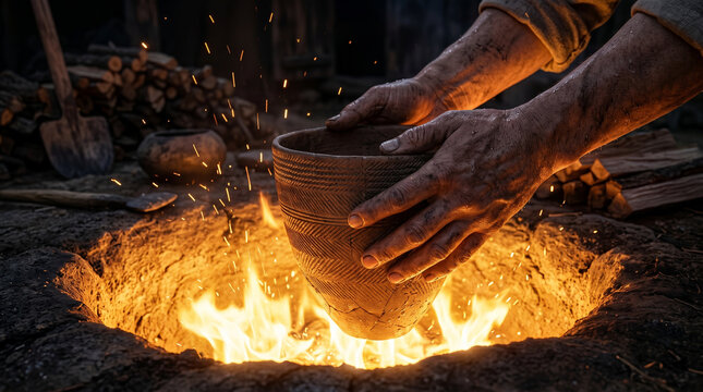 Neolithic Korean Potter Firing Comb-Pattern Pottery in Pit Fire
