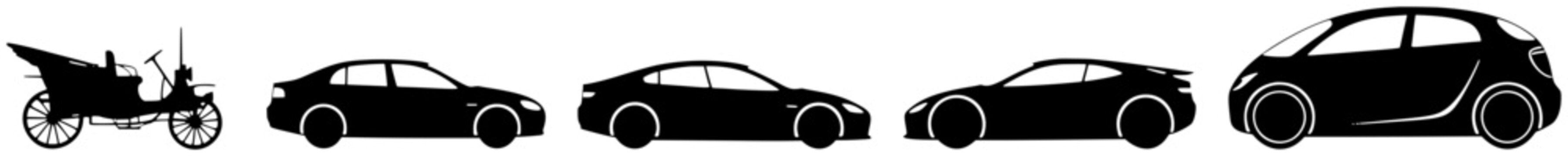 Electric vehicle evolution silhouette from early EV to modern car