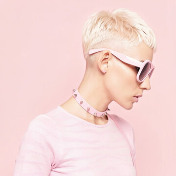 Profile of a stylish woman with short blonde hair wearing pink sunglasses and spiked choker on pastel background, monochrome fashion concept