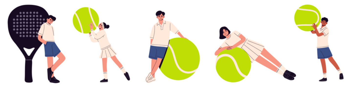 Flat illustration set of people playing padel tennis with rackets and balls. ideal for sports concepts, recreation, outdoor activity, fitness, competition, healthy lifestyle, active living themes.