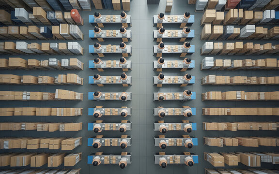 Aerial perspective of an organized fulfillment center, employees processing orders at parallel packing lines, stacks of boxes and packages surrounding workstations, symmetrical layout
