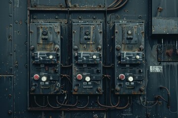 Fototapeta premium Close up of weathered electrical panels, highlighting decay and obsolescence in industrial setting
