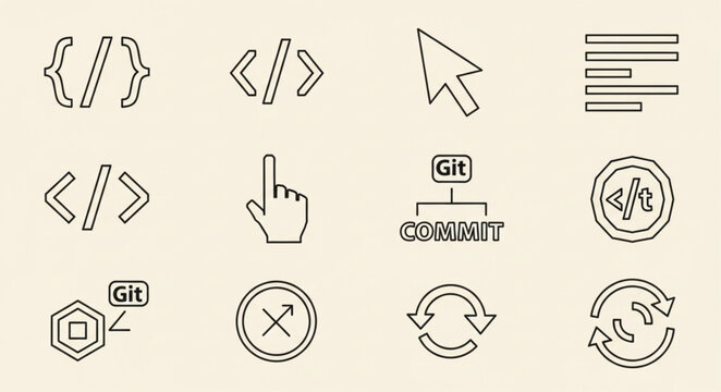 Collection of computer programming and coding icons and symbols.