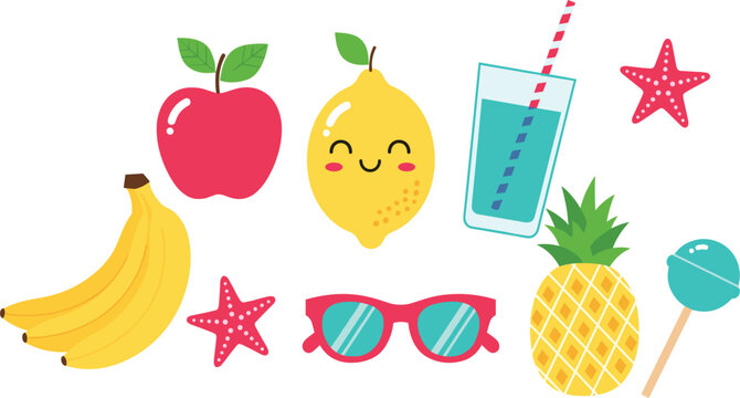Summer Vacation Icon Set with Fruits Drink Sunglasses and Beach Elements in Cartoon Style for Seasonal Design, Travel Graphics, and Creative Projects.