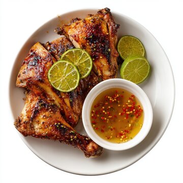 Grilled inasal na manok with calamansi slices and chili isolated on a white background