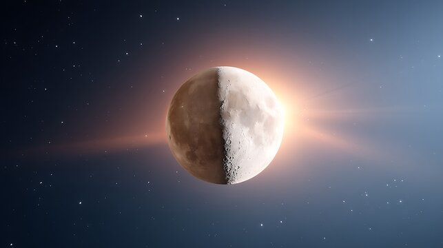 Celestial Moon Phase with Subtle Sunlight on Dark Starry Sky