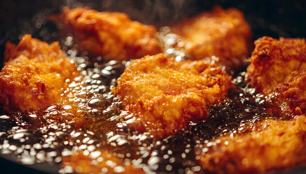 close view of chicken pieces deep frying in pan with sizzling oil