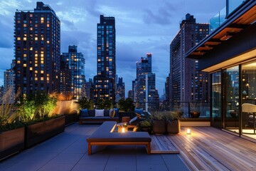 Obraz premium Luxurious rooftop patio with comfortable seating, fire pit, and lush plants, overlooking a stunning cityscape at twilight