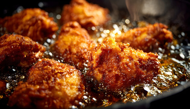 close view of chicken pieces deep frying in pan with sizzling oil
