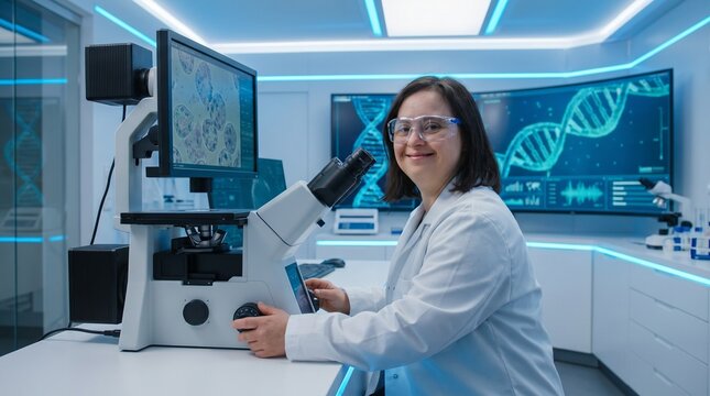 Smiling female scientist with Down syndrome using digital microscope in high-tech laboratory