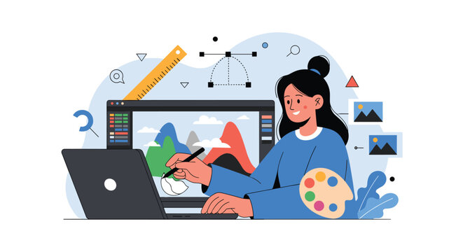 Graphic artist creates digital illustrations on tablet using stylus with creative art tools and color palette.