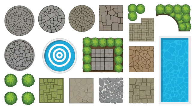 Set of landscape design elements, paving stones, and garden features