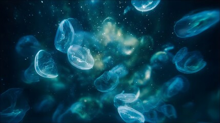 Obraz premium Ethereal ocean glow vibrant bioluminescent life illuminates deep dark waters a serene underwater world