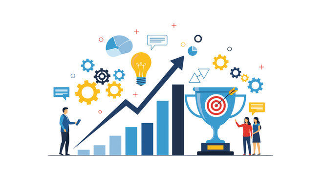 Successful business team celebrating growth and achievement near a trophy and a rising bar chart with a target icon.