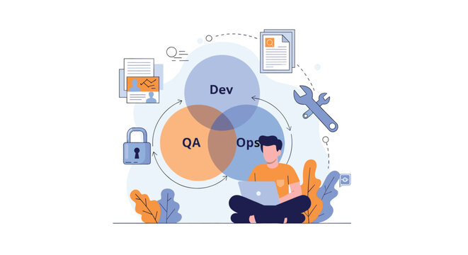 Male professional manages devops lifecycle integration including development quality assurance and operations from his laptop.
