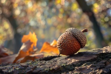 Obraz premium Close up of an acorn resting on a log in the forest, with blurred autumn leaves in the background