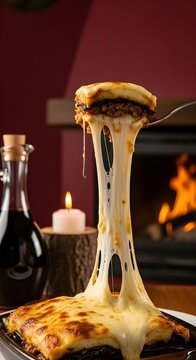 Eye‑level close‑up of fork lifting moussaka with cheese pull &ndash; deep burgundy cozy winter taverna in Thessaloniki background
