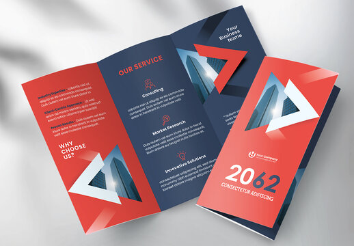 Modern Corporate Business Tri-fold Brochure Template with Geometric Red and Dark Blue Design