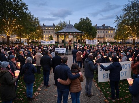 Diverse community gathers for peaceful candlelight vigil in park at dusk