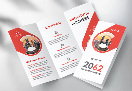 Modern Corporate Business Tri-fold Brochure Template with Geometric Red and White Design