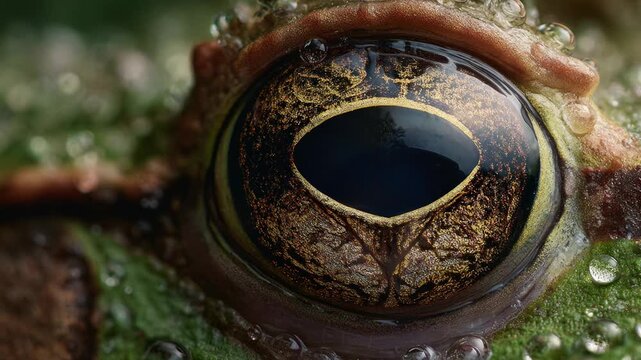 Green frog eye with golden iris blinking in slow motion with water droplets on its eyelid