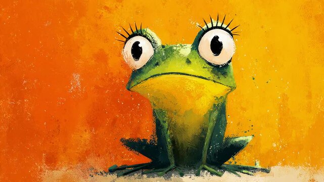 Animated green frog with big eyes and long eyelashes slowly blinking against a textured orange background