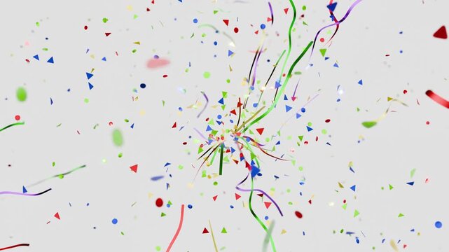 16:9 3d video render of energized confetti and vibrant ribbons bursting from center. carnival burst featuring intended chaos, bursting movement and colorful geometry on white canvas.
