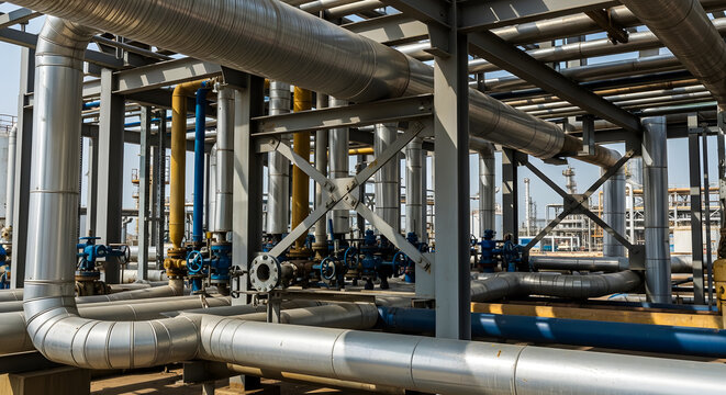 Industrial Plant With Complex Network of Silver Metal Pipes and Blue Valves Under Clear Sky