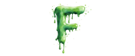 Obraz premium Green slime letter F drippy and gooey, artistic watercolor illustration, spooky Halloween theme, isolated on white background.