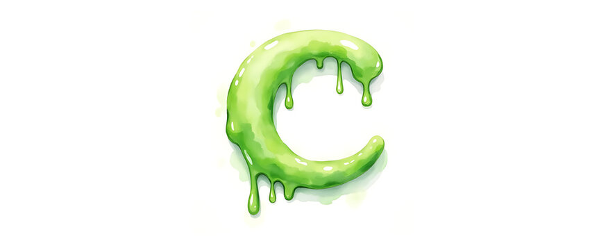 Green slime letter c dripping with texture and splatter on white background stylized watercolor art.