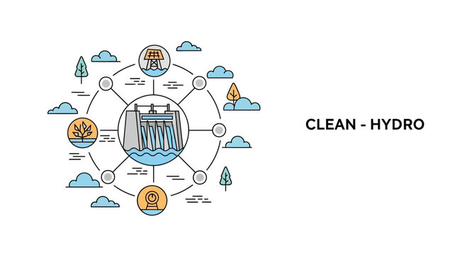 Clean Hydro Energy Concept Diagram with Dam Infographic.