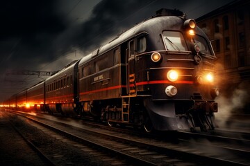 Fototapeta premium Long exposure photo of vintage passenger train speeding through the night, its windows glowing warmly and headlights cutting through the darkness