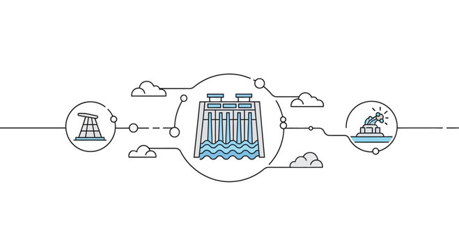 Minimalist linear infographic illustration showing energy production process with hydroelectric dam and industrial power elements.