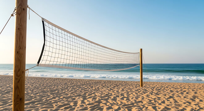 Volleyball net on a sandy beach with ocean and clear blue sky in the background, sunny day, summer leisure, outdoor sports concept