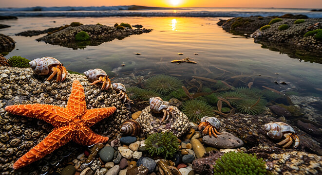 Coastal tide pool at sunset with starfish and hermit crabs wildlife