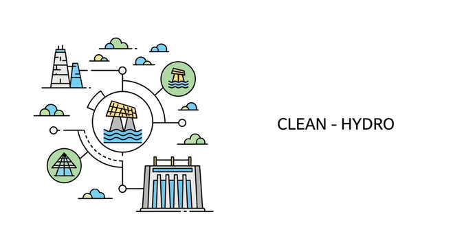 Clean Hydro energy infographic illustration with icons of dams and water power.