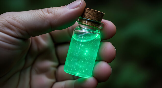 Hand holding glass bottle with glowing liquid. Mystery concept.