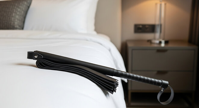 A black flogger with a leather handle and wrist strap rests on a neatly made white hotel bed, evoking themes of intimacy and pleasure