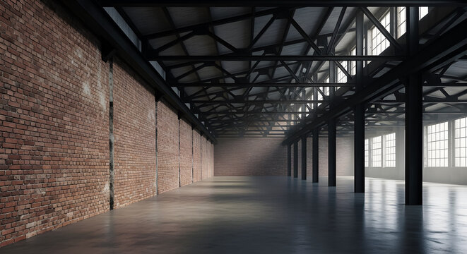 Industrial Warehouse Interior With Exposed Brick Walls And Metal Beams Under Natural Light