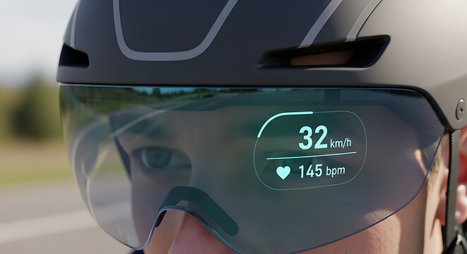 Cyclist wearing helmet with heads up display showing speed & heartrate