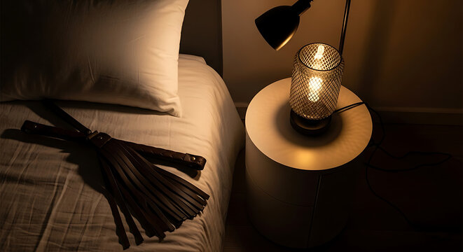 Close-up of a leather flogger with metal studs lying on a rumpled bed next to a modern bedside table with a decorative lamp casting warm light