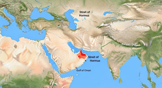 Middle East physical map with Strait of Hormuz highlighted, satellite view of Arabian Peninsula and Gulf of Oman, geopolitical region geography