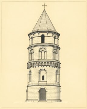 Classic architectural elevation showing a multi-tiered church tower facade